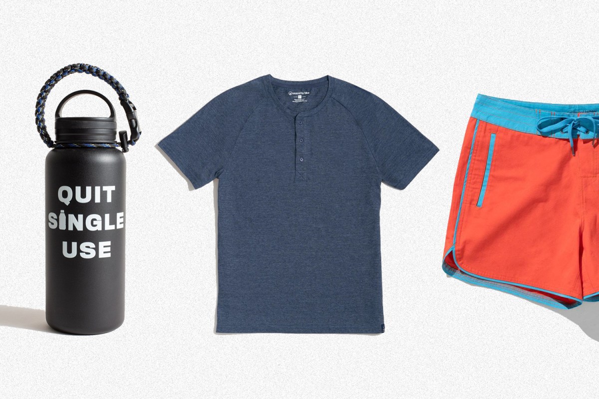 An insulate water bottle, henley T-shirt and organic board shorts from United by Blue, all discounted during the End of Season Sale