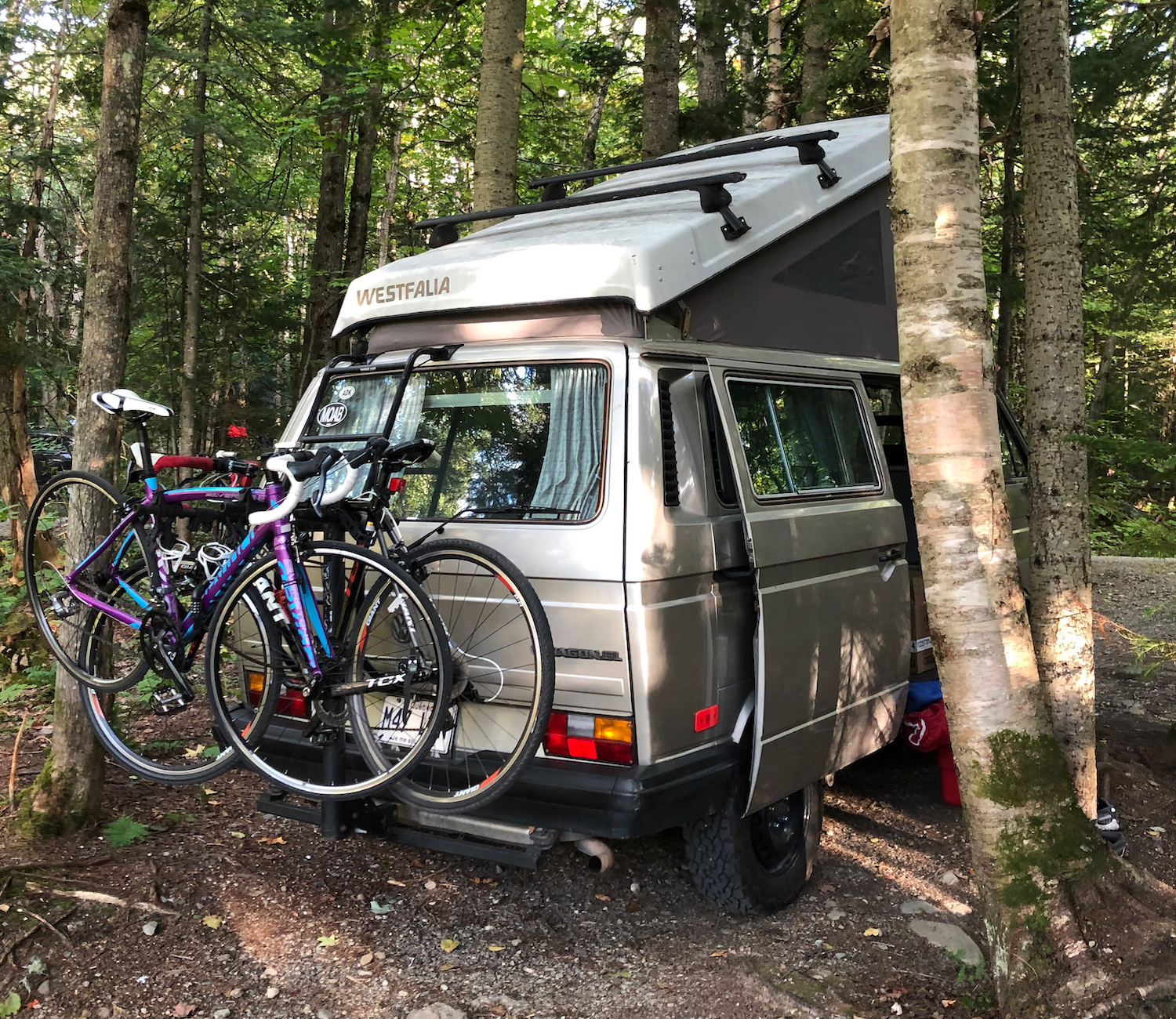 A bike rack on the back of a 1990 Volkswagen Vanagon Westfalia. That's just one of the tips we got from someone who owns the camper van.