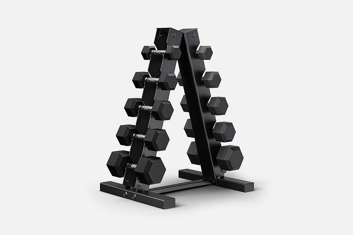 Epic Fitness 150-Pound Hex Dumbbell Set with Heavy Duty A-Frame Rack, now on sale at Woot