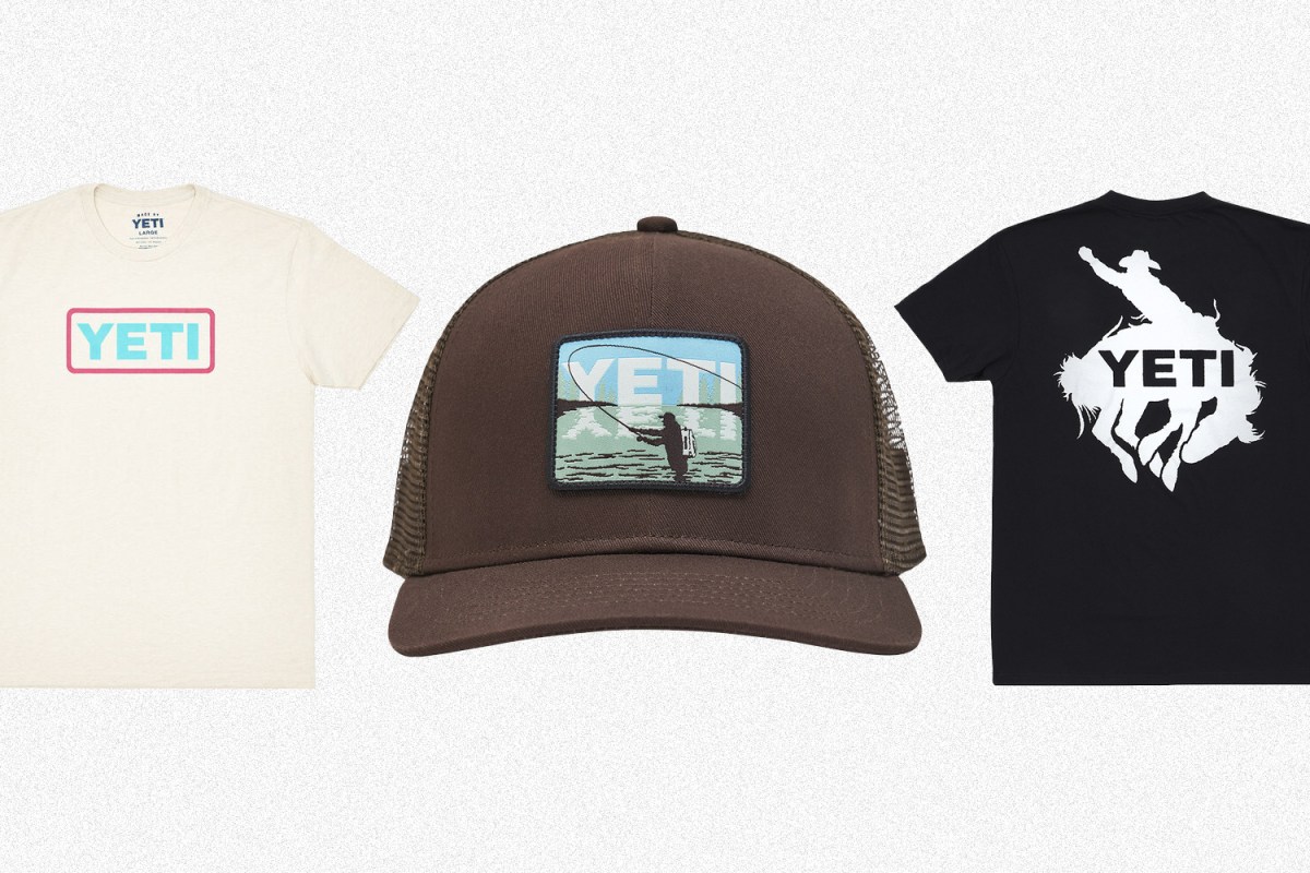 A Yeti Badge Logo T-shirt, fly fishing trucker hat and Rodeo tee, all on sale during the cooler brand's spring apparel sale