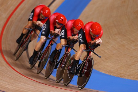 The Danish cycling athletes in the men's team pursuit event at the Tokyo Olympics, all wearing kinesiology tape that was subsequently banned by the UCI