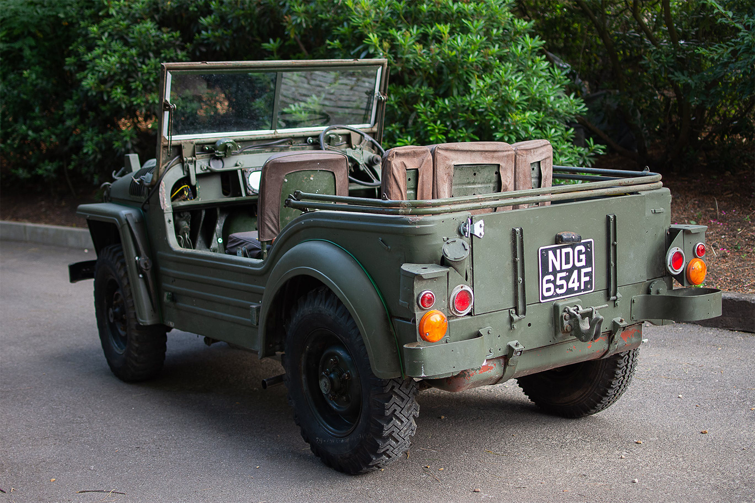 The rear end of a 1952 Austin Champ, a British off-road 4x4 built to outperform the American jeeps of World War II. This model was auctioned off in August 2021.