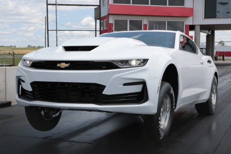 The new 2022 Chevrolet COPO Camaro on the drag strip. The Chevy has the biggest V8 from an American automaker.