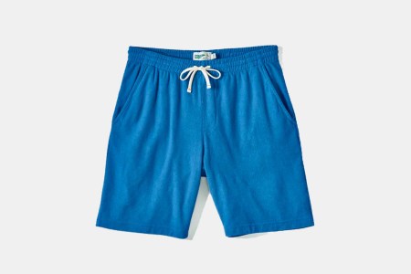 Wellen Towel Sweat Shorts in Pacific Blue. The men's lounge shorts are on sale at Huckberry.