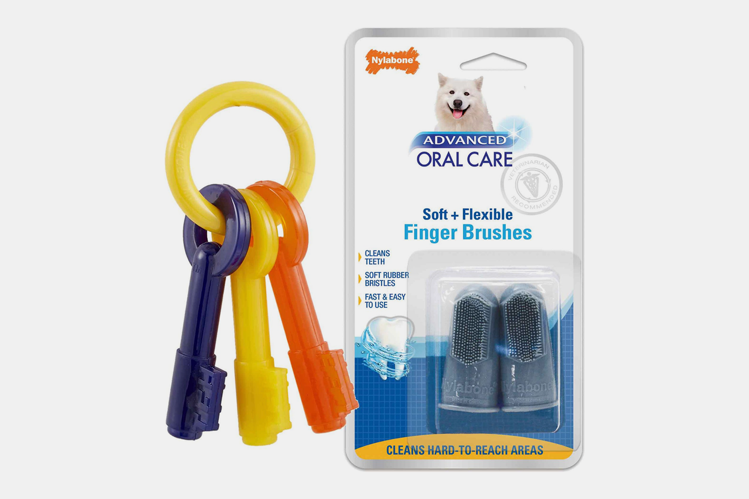 Bundle: Nylabone Teething Keys Chew Toy + Advanced Oral Care Dog Finger Brush