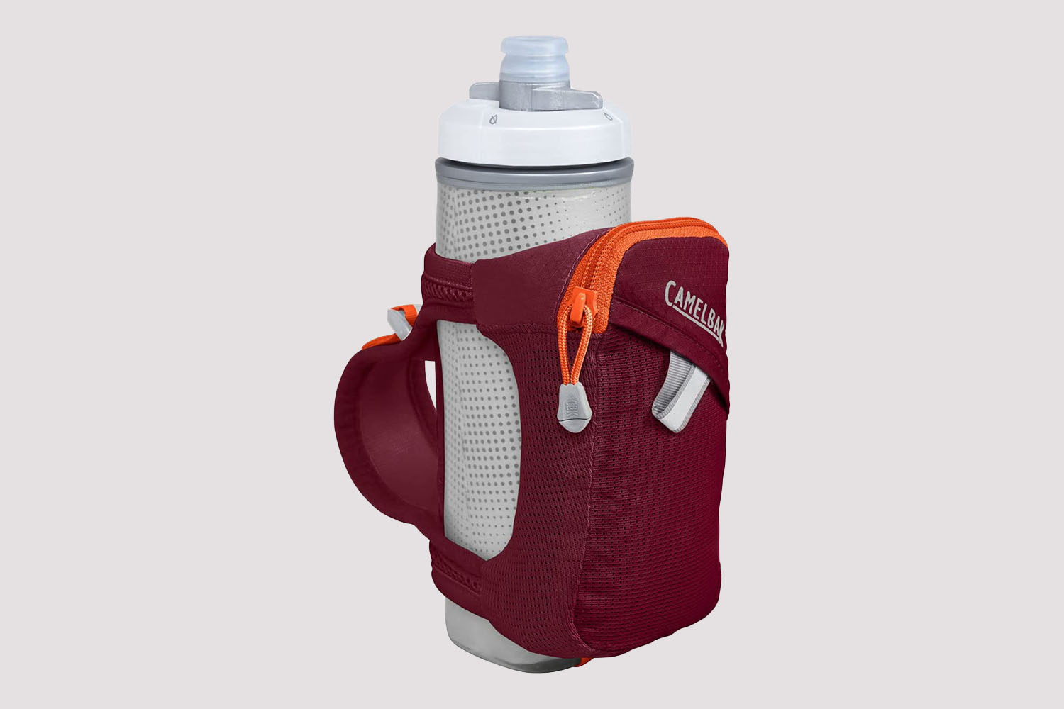 a Camelbak water-bottle in a red running holster on a grey background