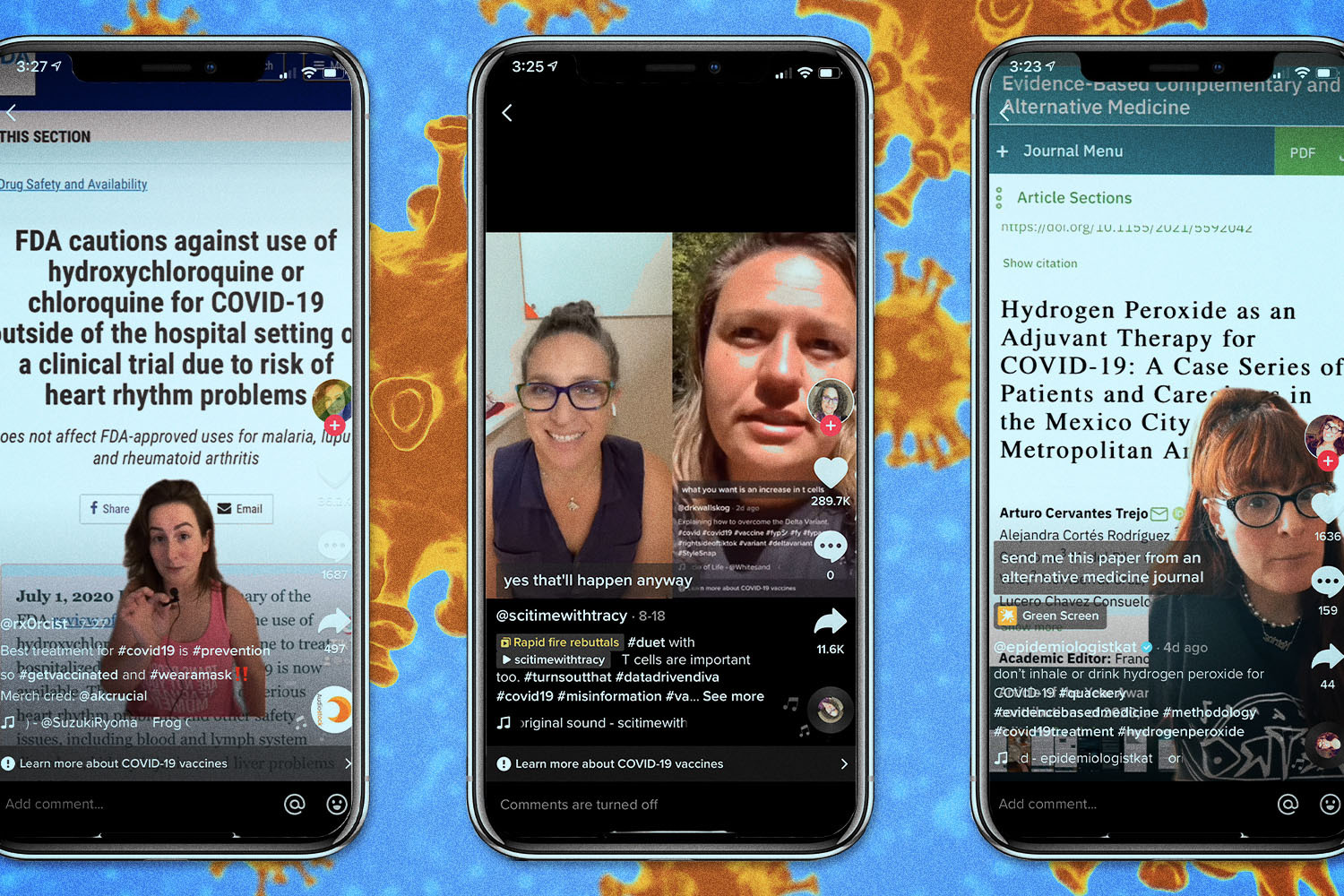 A screenshot of three health experts from TikTok: @scitimewithtracy, @epidemiologistkat and @rx0rcist who on TikTok, combat and debunk rampant misinformation surrounding COVID-19 and vaccines
