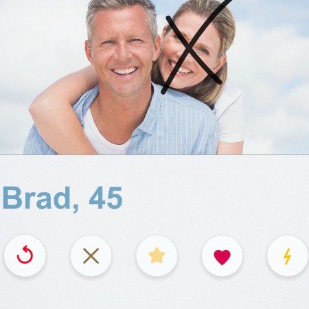 A mock dating app profile shows a photo of a man and woman, with an X drawn over the woman's face