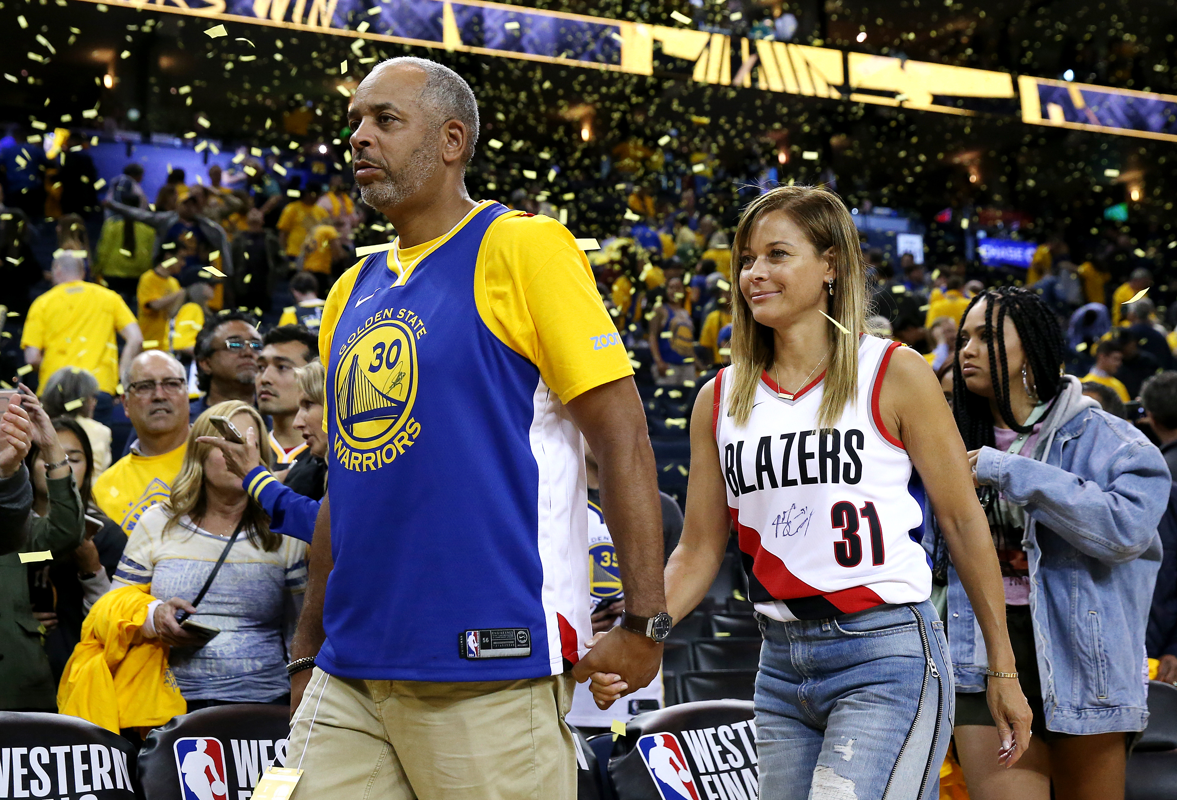 Dell Curry and Sonya Curry, parents of Stephen Curry #30 of the Golden State Warriors (not pictured) and Seth Curry #31 of the Portland Trail Blazers (not pictured) attend game one of the NBA Western Conference Finals at ORACLE Arena on May 14, 2019 in Oakland, California