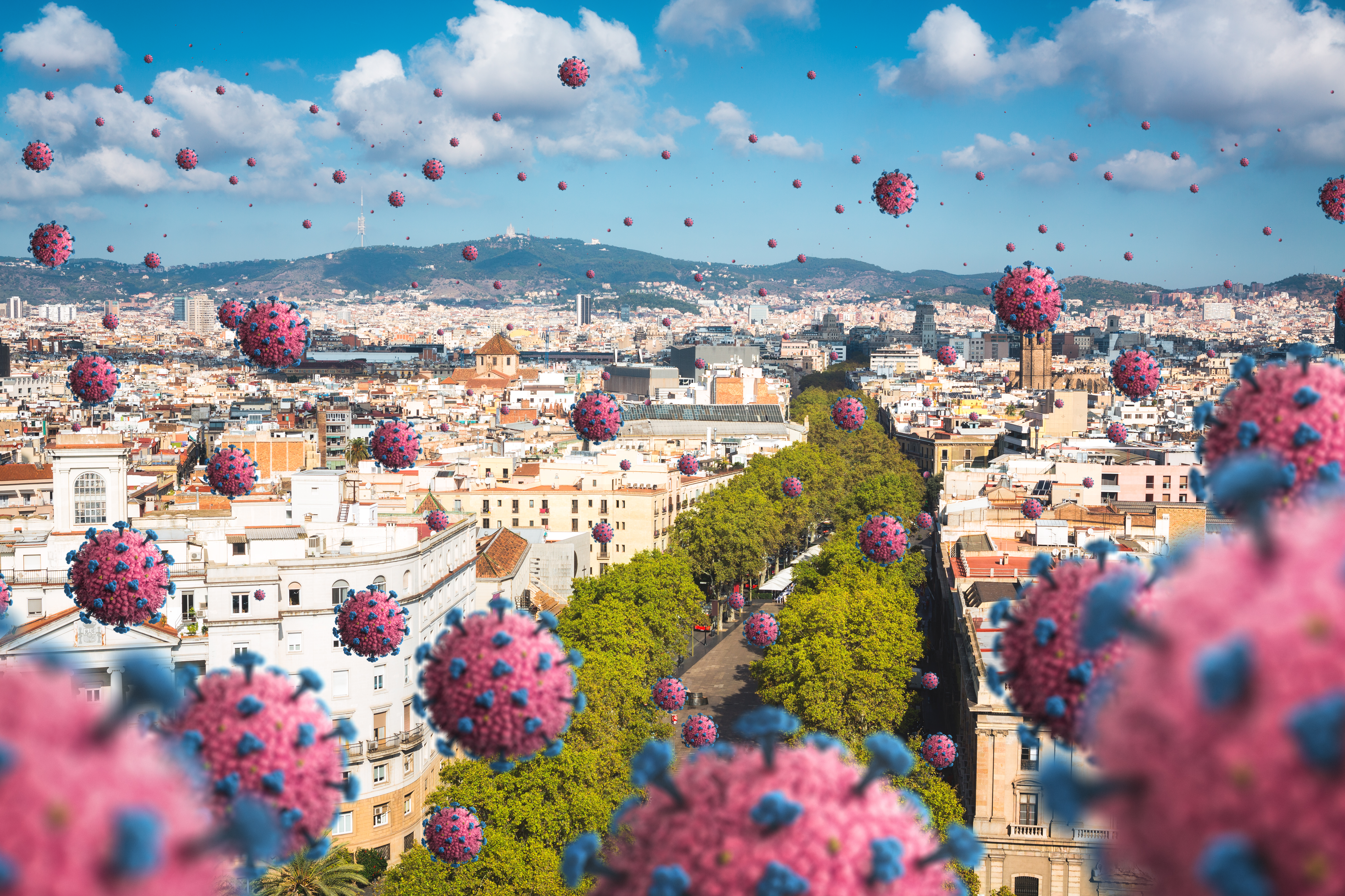 Rendering of virus spreading in the city, floating in the air above Europe