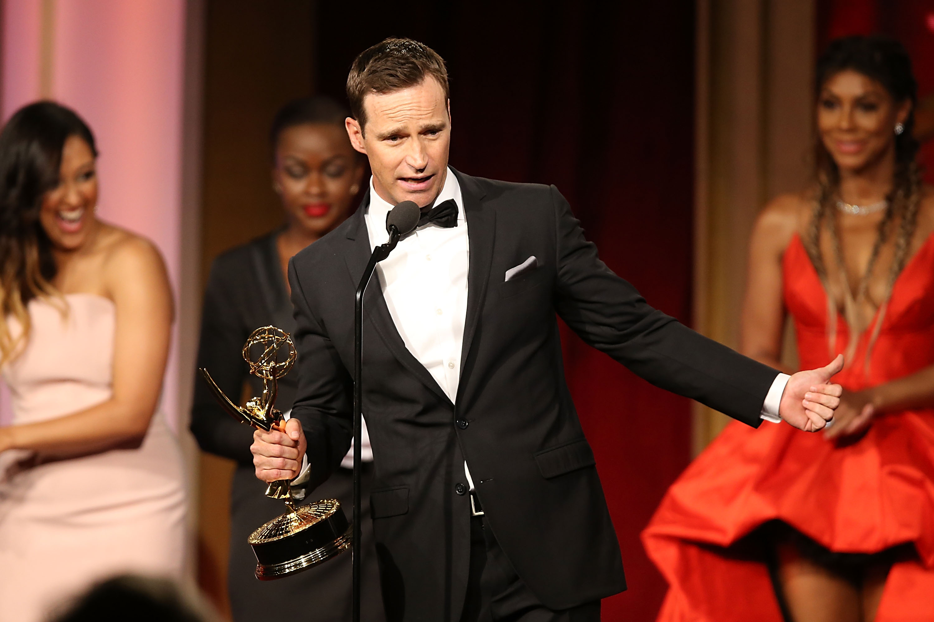 Mike Richards accepts the award for outstanding game show for The Price is Right at the 2016 Daytime Emmy Awards. The producer has been announced as the new host of Jeopardy! but a tainted past including offensive podcast comments have come to light.