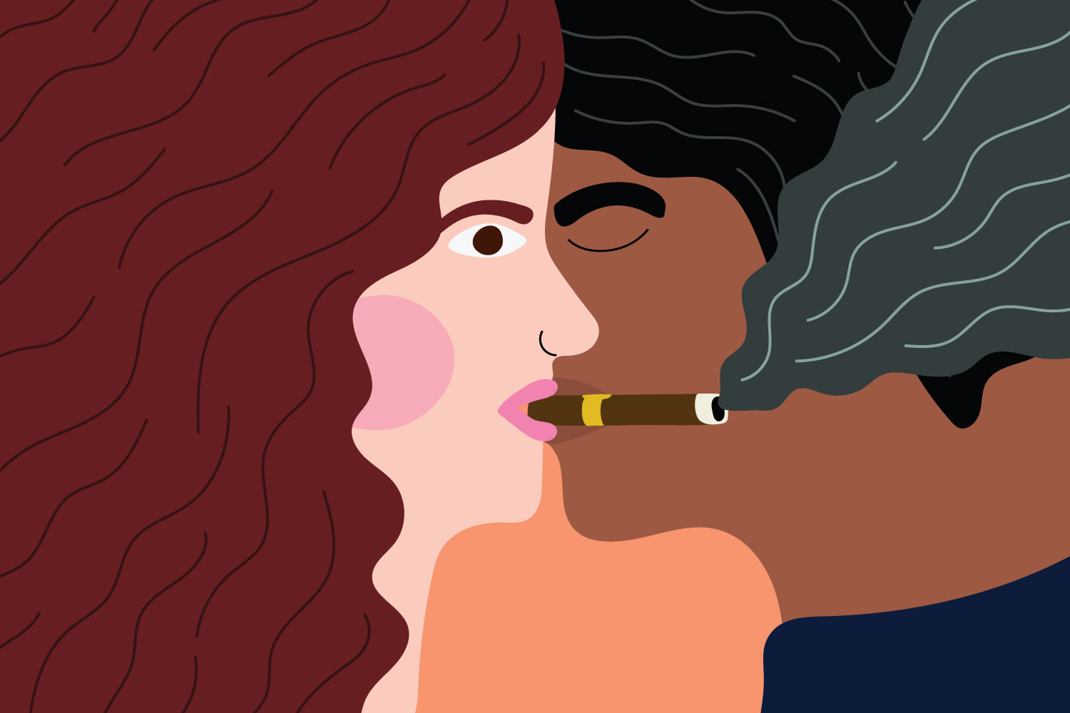 illustration shows a woman and man in an embrace, the woman has a cigar in her mouth