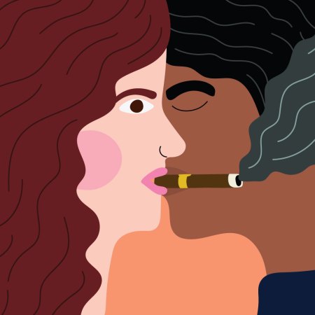 illustration shows a woman and man in an embrace, the woman has a cigar in her mouth