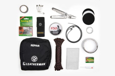 All the tools and gear in the Leatherman Wave+ Repair Kit, including the multitool as well as paracord, matches, a sewing kit and more.