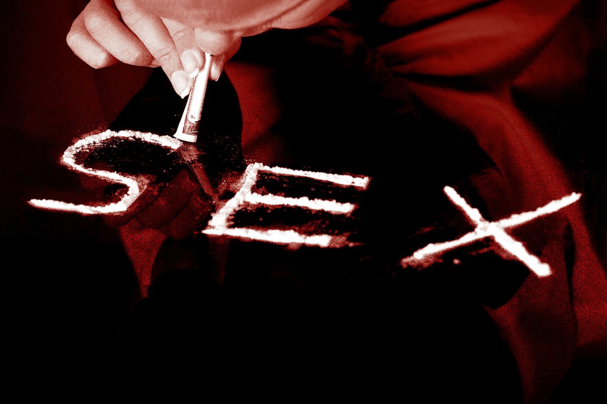 The word "SEX" spelled out in cocaine on red background