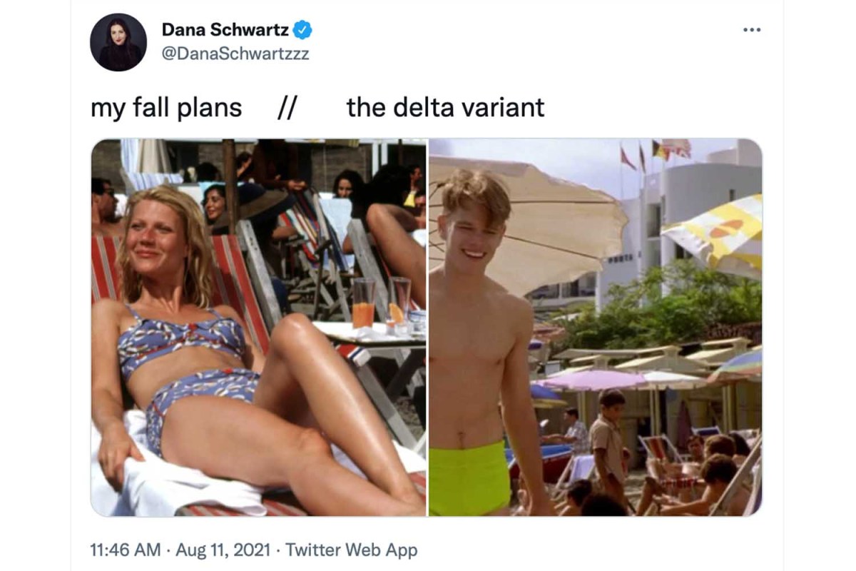 A screenshot from @DanaSchwartzzz of the "My fall plans // The Delta Variant" meme featuring images of Gwyneth Paltrow and Matt Damon in The Talented Mr. Ripley