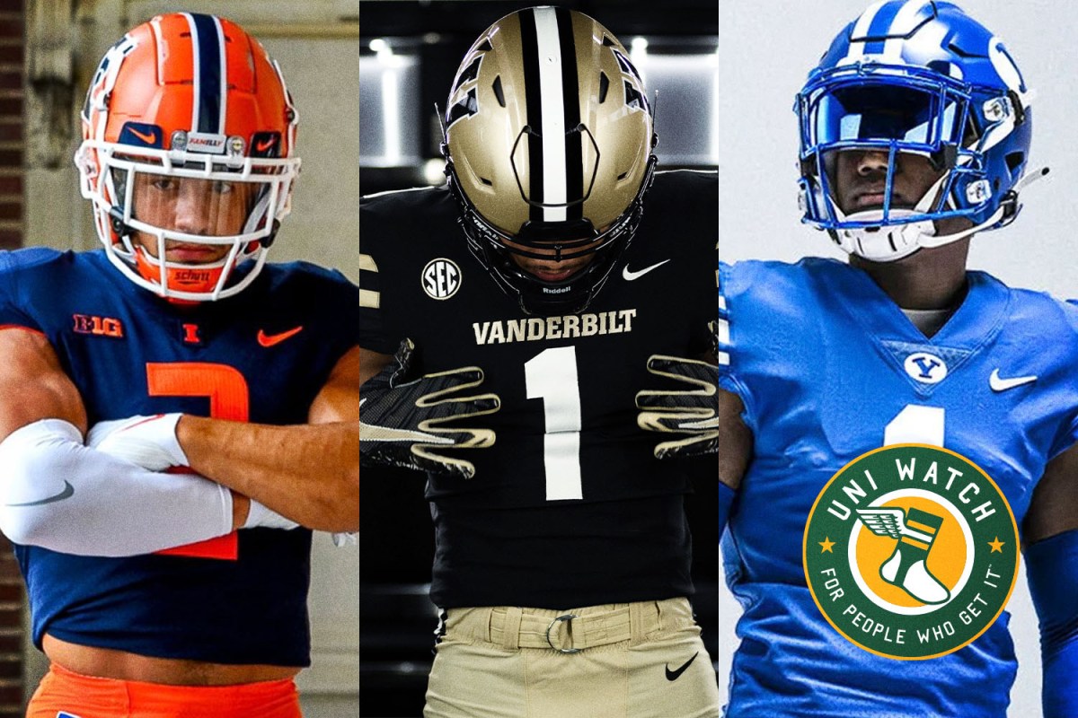 From left to right: New college football uniforms from Illinois, Vanderbilt and BYU