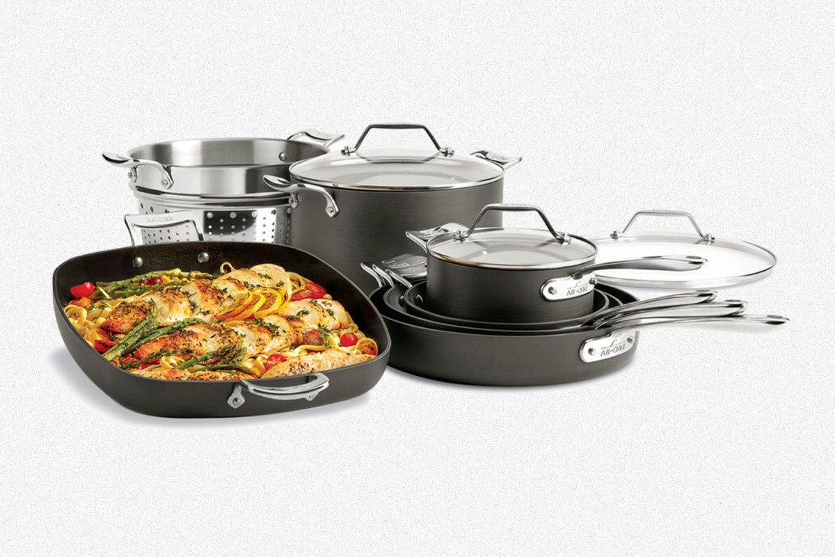 A set of All-Clad Hard Anodized nonstick cookware that's discounted during the cookware brand's VIP Factory Seconds Sale, which is open as of August 19 2021