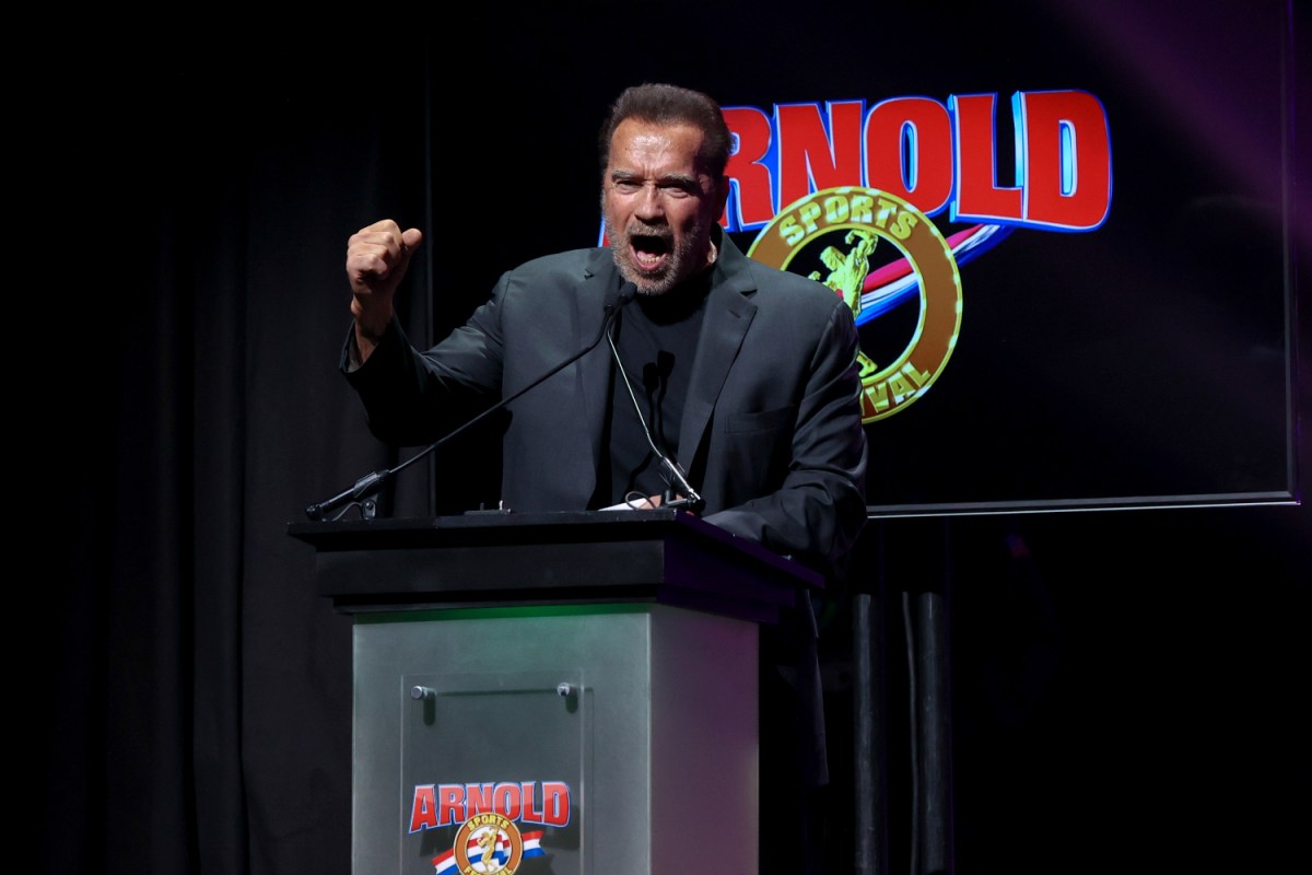 Arnold Schwarzenegger addresses crowd at podium