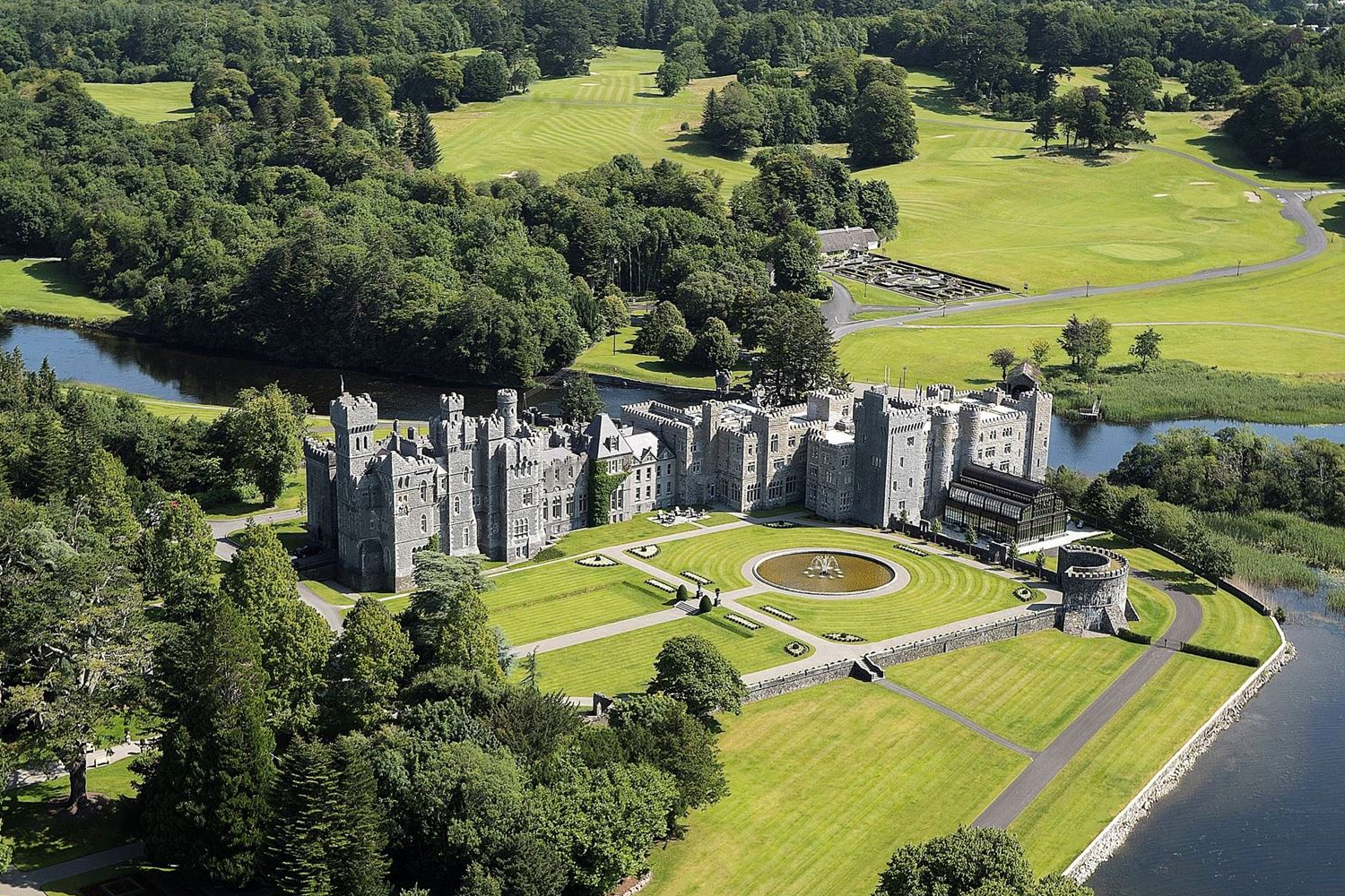 An overhead view of Ashford Castle in County Mayo, Ireland