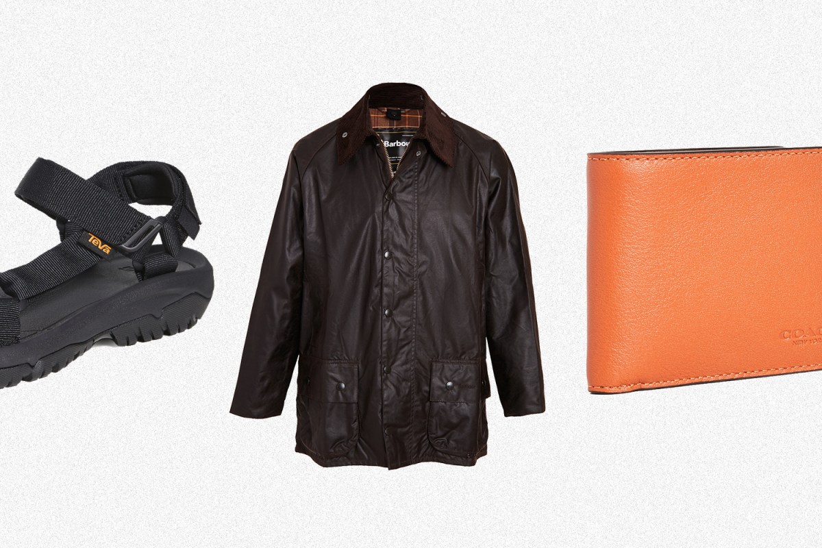 Teva sandals, a Barbour waxed jacket and a leather Coach billfold, all of which are on sale at East Dane's menswear blowout