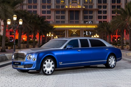 A blue Bentley Mulsanne Grand Limousine by Mulliner. Five of these rare vehicles are being sold by Bentley Emirates.