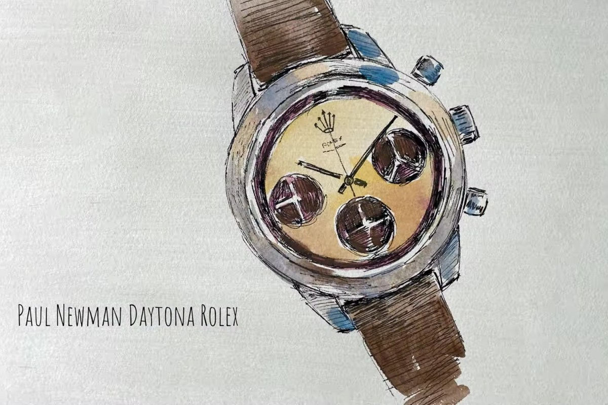 An image of an illustrated Rolex Daytona watch from Brett Dennen's lyric video for the song "Paul Newman Daytona Rolex" from the album "See the World"