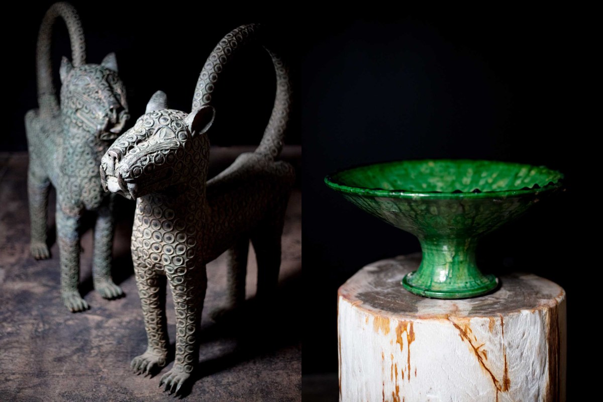 A pair of Nigerian bronze leopards and an antique Moroccan terracotta bowl from casa berbere