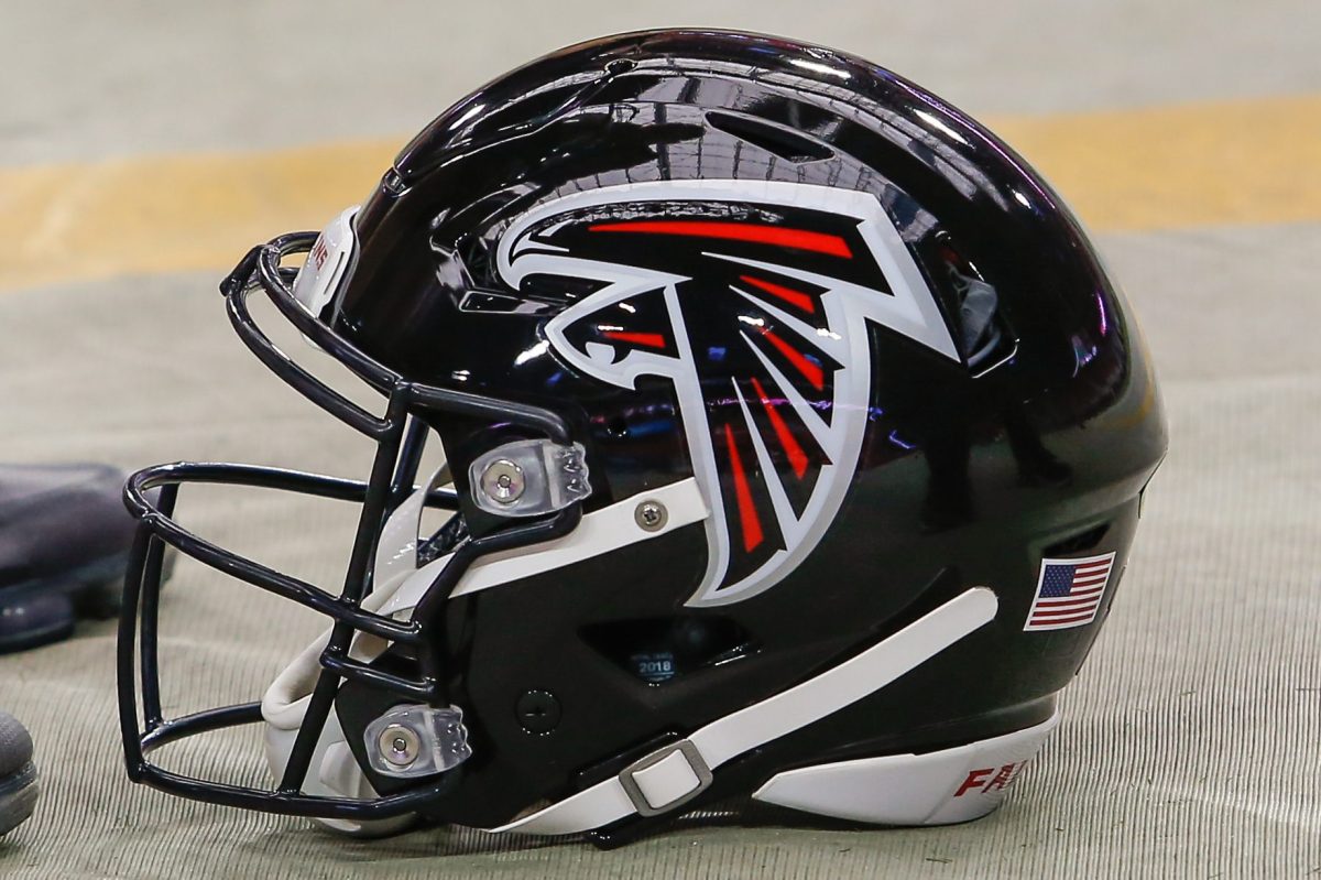The Atlanta Falcons are the first NFL team to reach 100% vaccinations with players. Pictured: An Atlanta Falcons helmet