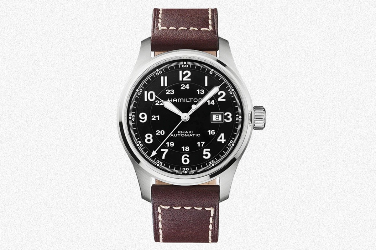 The Hamilton Khaki Field Auto watch. The men's timepieces is currently on sale for 45% off at Nordstrom Rack.
