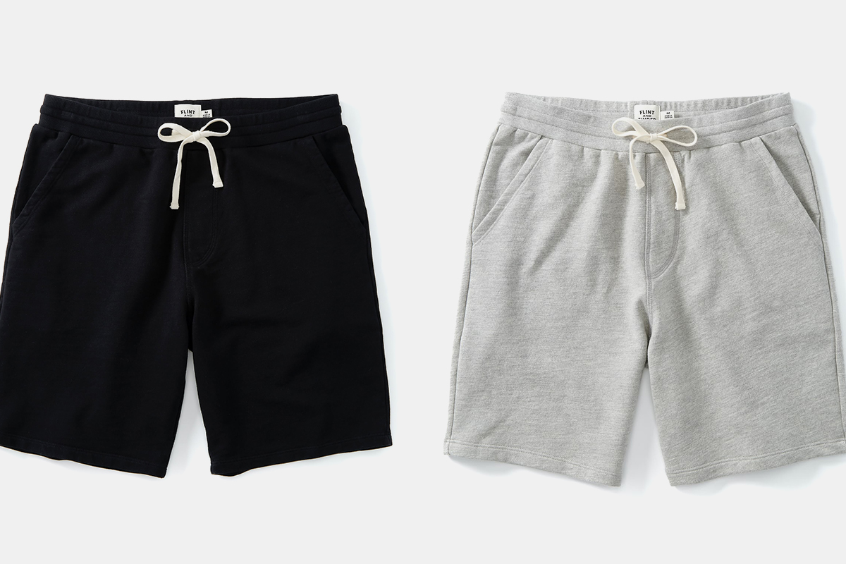 flint and tinder sweat shorts in black and grey, both on sale at Huckberry