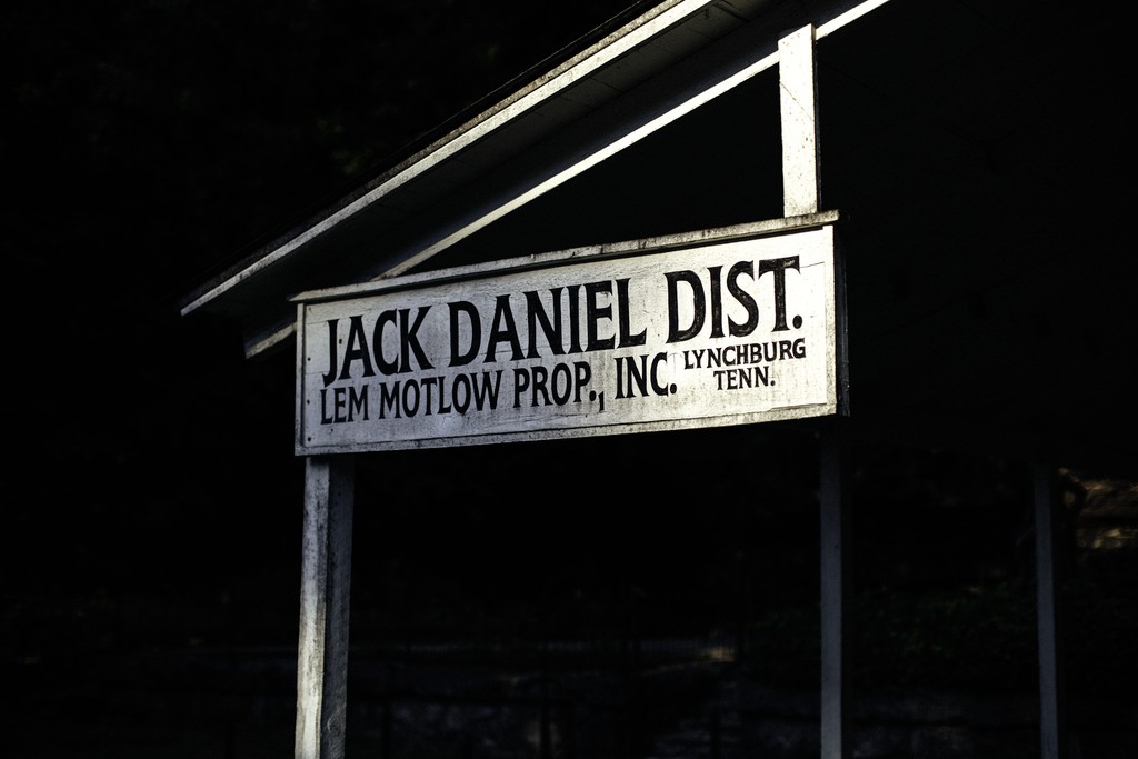 Jack Daniel's sign in a black and white photo. The distillery announced its 10-Year-Old Tennessee Whiskey in August 2021.