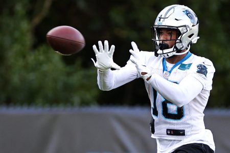 Keith Kirkwood of the Carolina Panthers suited up during training camp. The wide receiver was briefly hospitalized after a hit by rookie J.T. Ibe at training camp.