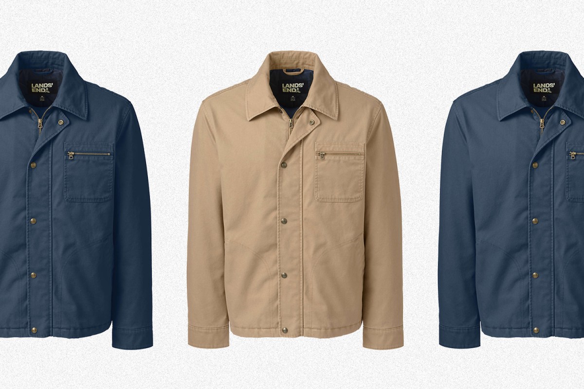 The Lands' End Men's Chore Coat in Field Drab and Classic Navy. The fall jacket is on sale up to 50% off in August 2021.