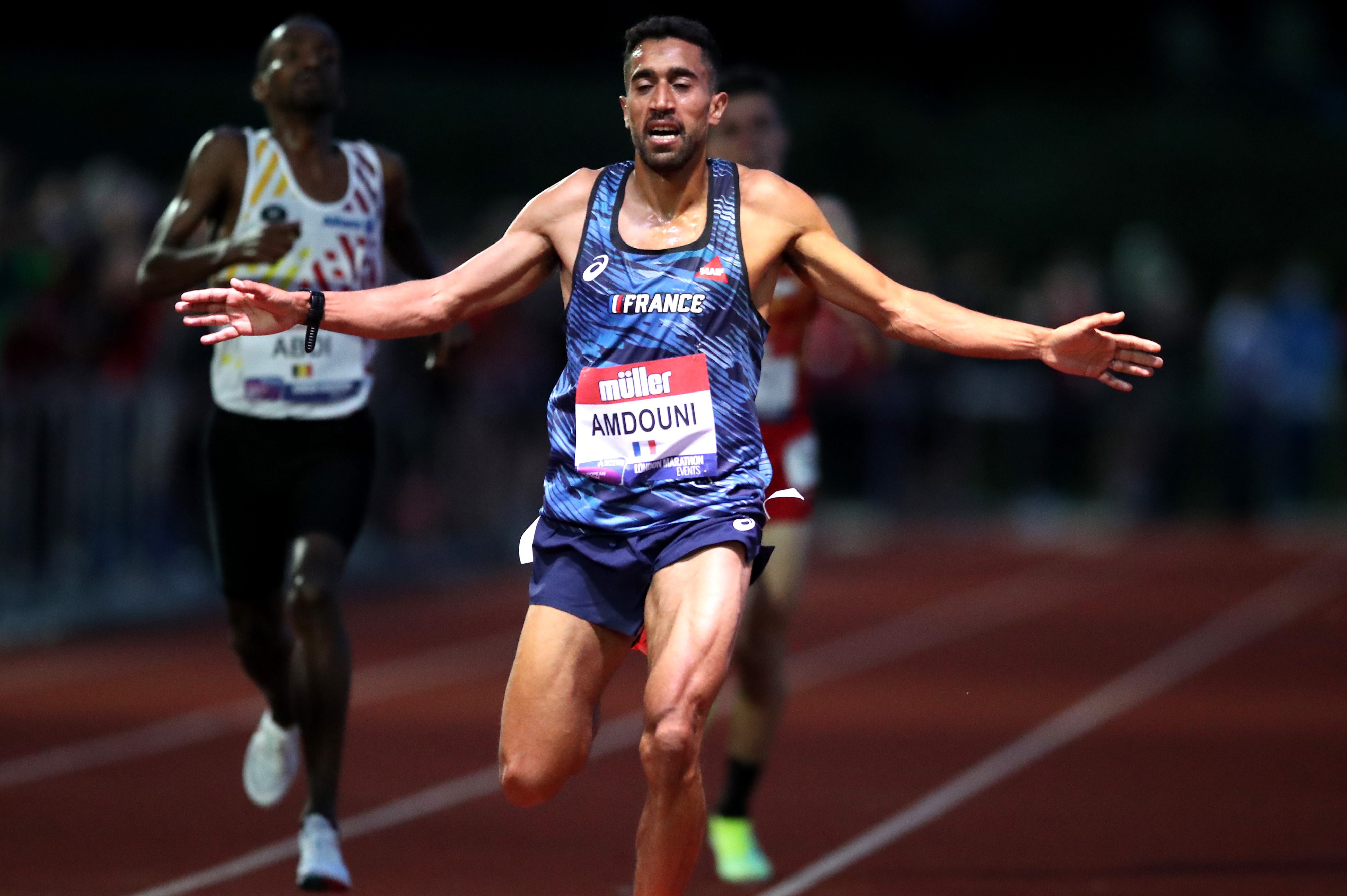 Morhad Amdouni of France at the Müller British Athletics 10,000m Championships. The runner courted controversy at the Tokyo Olympics after knocking over water bottles during the men's marathon race.
