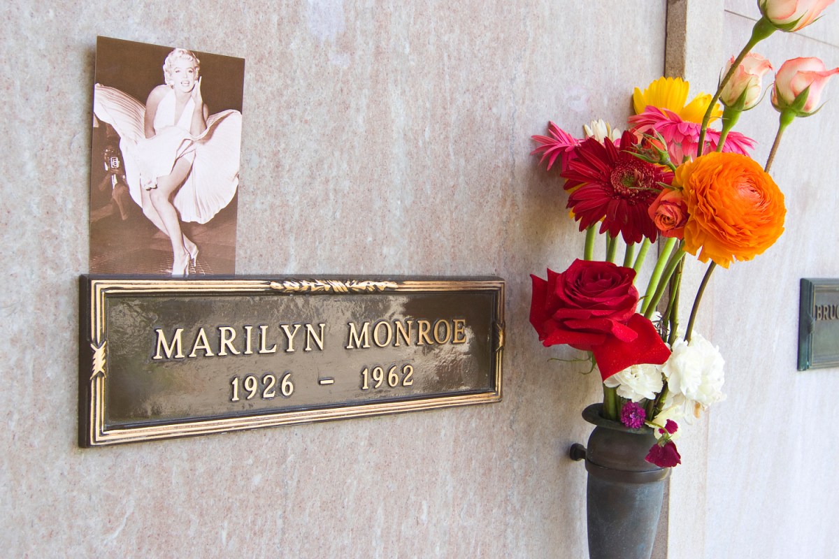 Marilyn Monroe's crypt at the Westwood Memorial Park Cemetery. Her grave is right next to Hugh Hefner's, and now the plot next to that is available to buy as of August 2021.