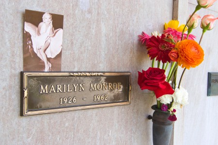 Marilyn Monroe's crypt at the Westwood Memorial Park Cemetery. Her grave is right next to Hugh Hefner's, and now the plot next to that is available to buy as of August 2021.