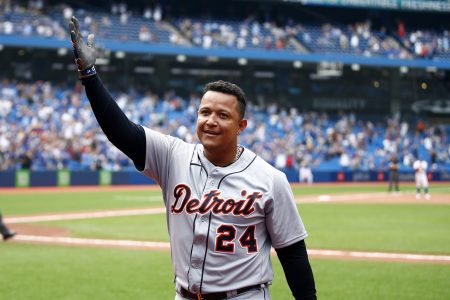 Miguel Cabrera celebrates after hitting his 500th home run