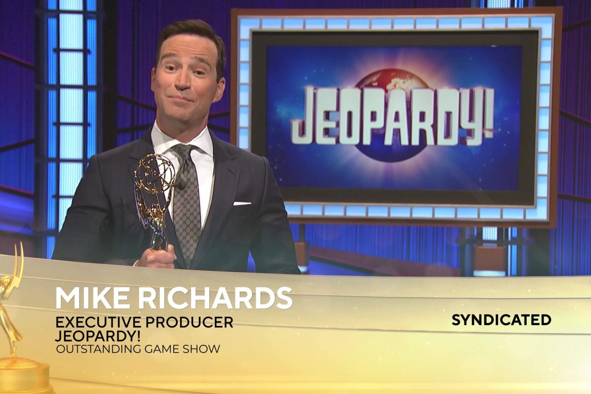 Mike Richards accepts the award for Outstanding Game Show for Jeopardy! at the 2021 Daytime Emmy Awards