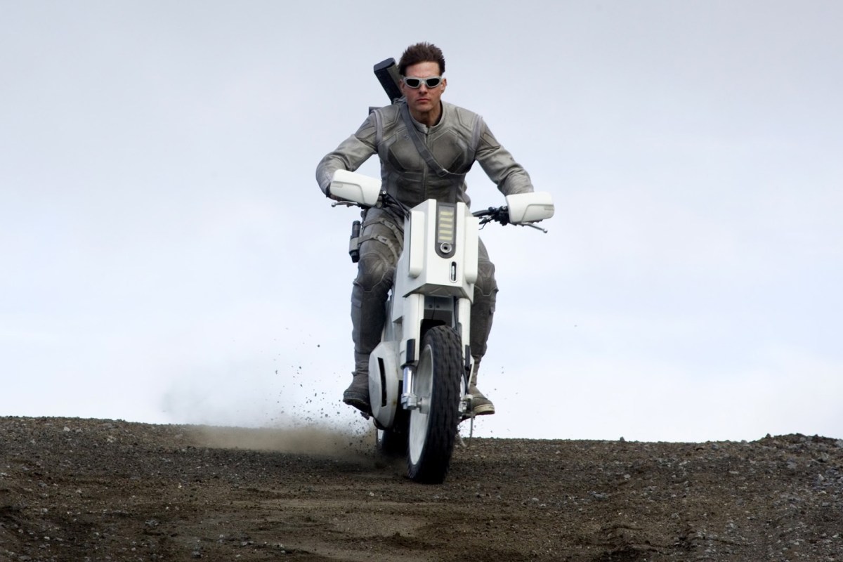 Tom Cruise astride a custom bike designed by Justin Kell for "Oblivion"