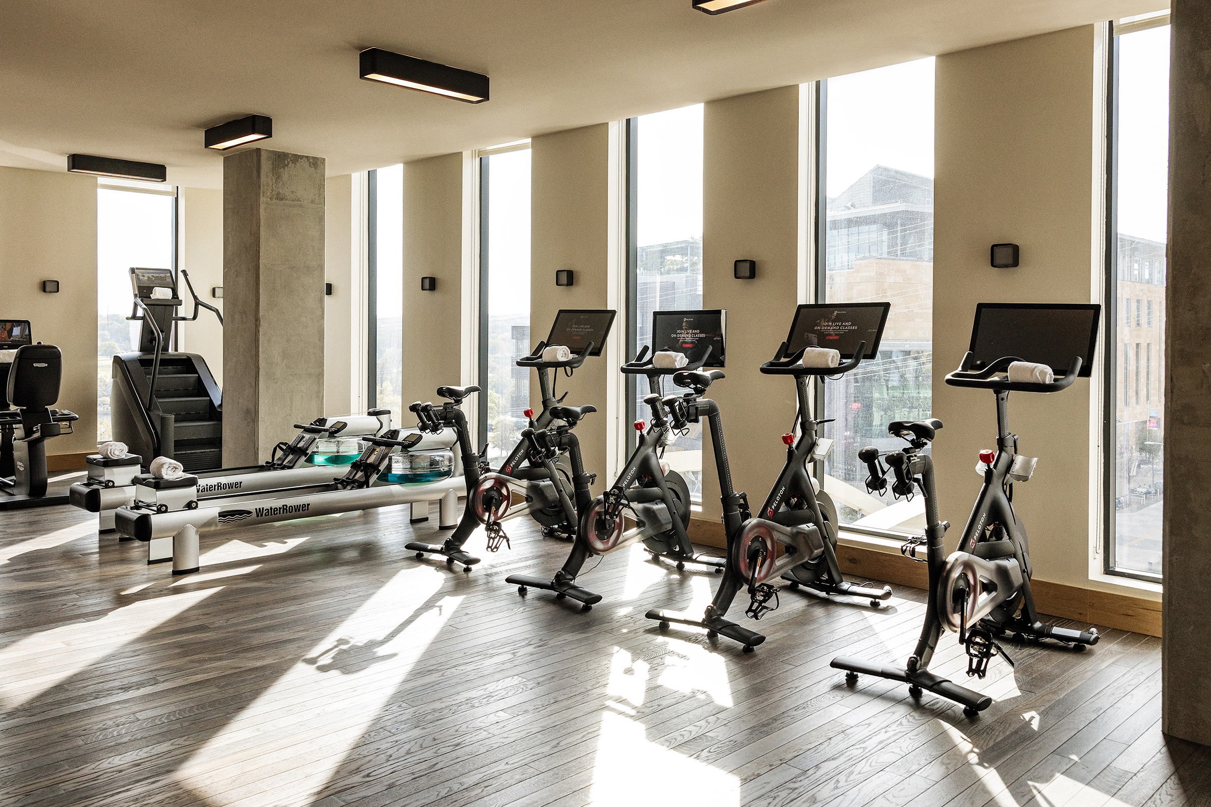 Inside the fitness center on the fourth floor of the Proper Hotel in austin