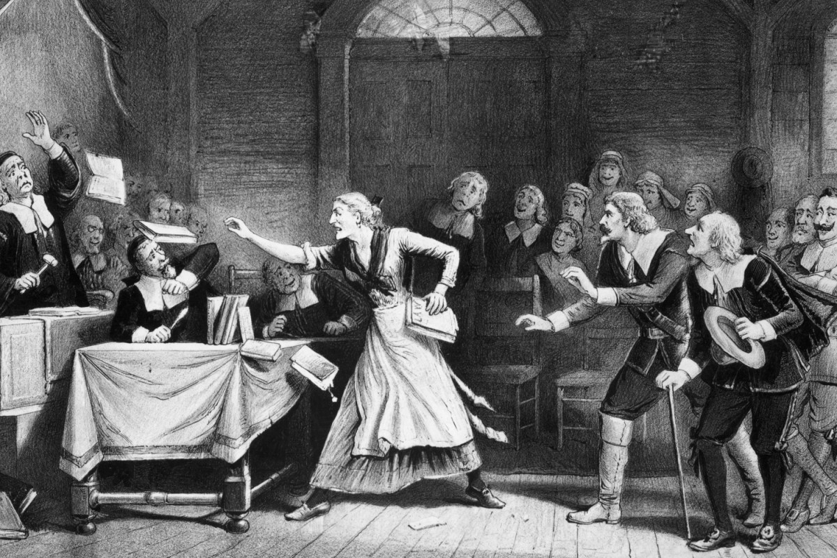 Witch trial in Salem, Massachusetts. Lithograph by George H. Walker.