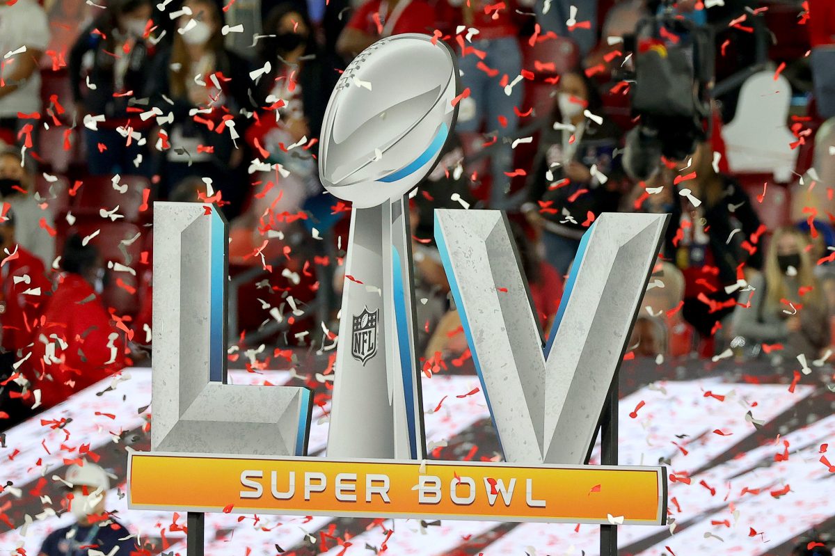 The Super Bowl LV logo at Raymond James Stadium in 2021. Could the Super Bowl ever be a pay-per-view event?