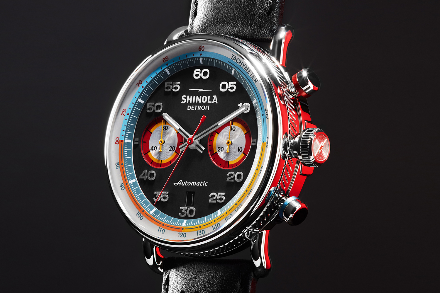 The Shinola Canfield Speedway, the watch brand's first automatic chronograph. The timepiece sold out in less than 24 hours.