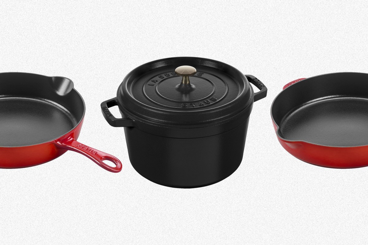 A matte black Dutch oven (or Tall Cocotte) and an 11-inch enameled cast iron skillet from Staub. Both are on sale during a cookware clearance.