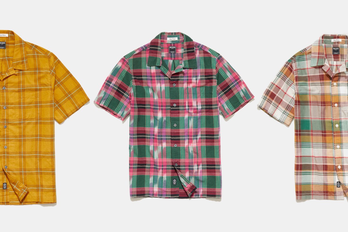Three different Madras Camp Collar Shirts from Todd Snyder, which are on sale for almost 50% off