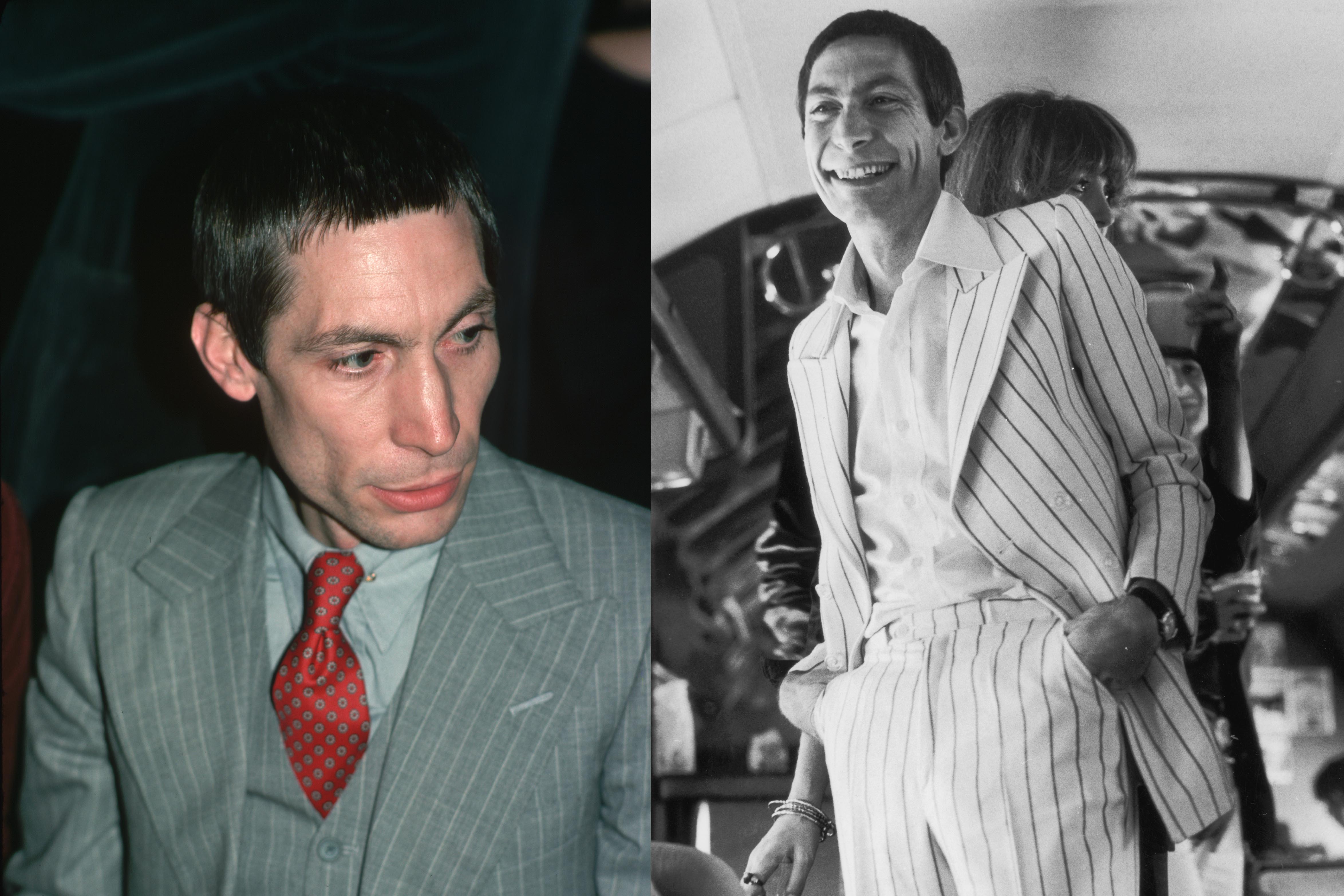 two photos of charlie watts in double-breasted suits