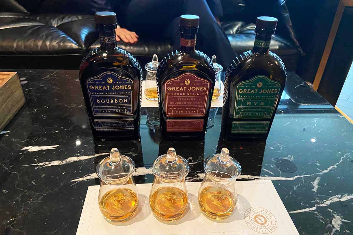 Bottles of three launch whiskeys at Great Jones Distilling Co.
