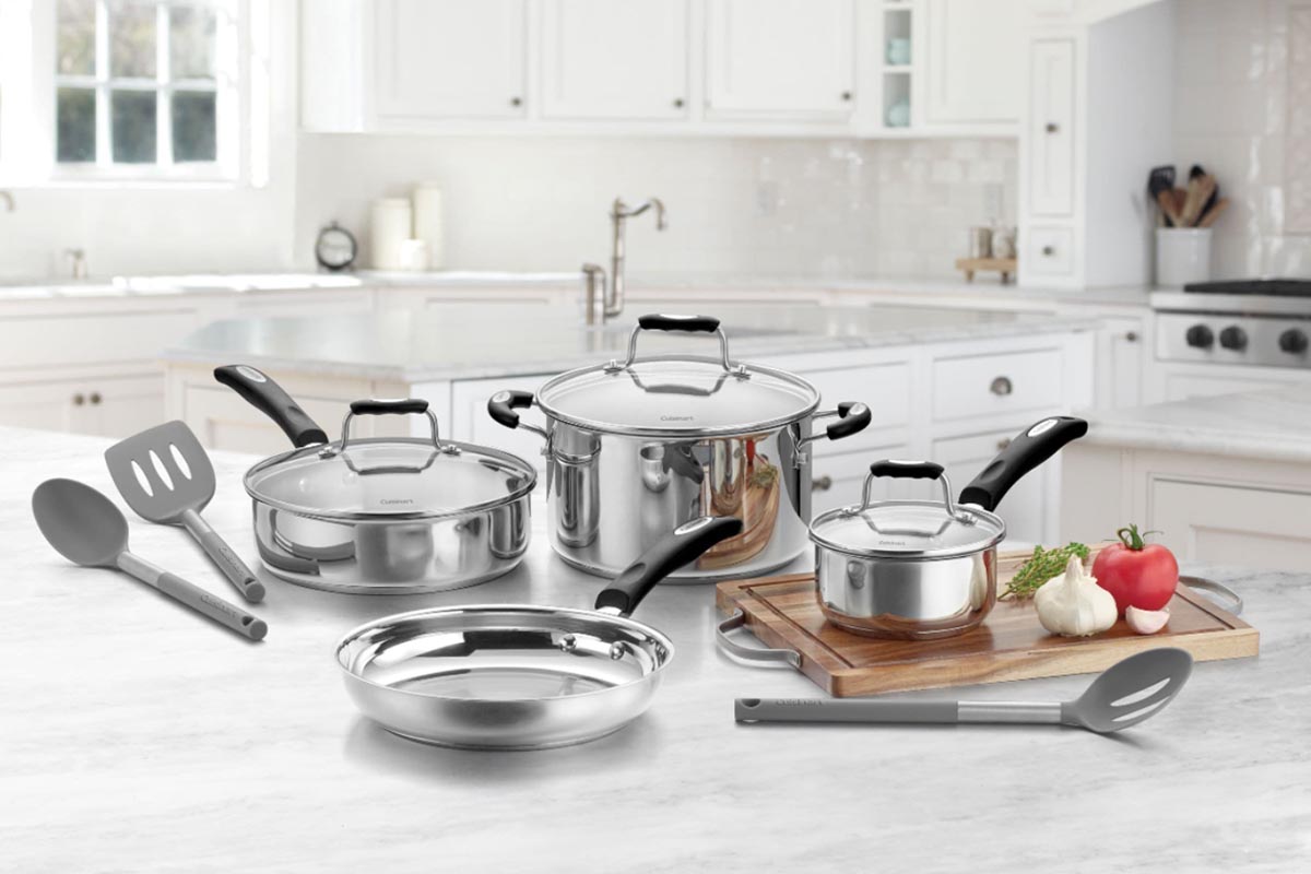 The Cuisinart Stainless Steel 10-Piece Cookware Set on a kitchen counter. The set is currently 55% off at Woot.