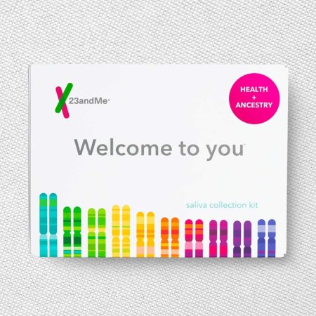 a white 23andMe kit on a grey background